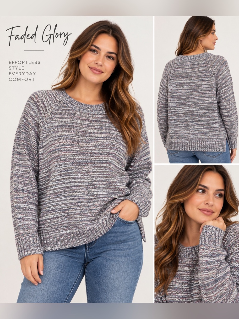Faded Glory Multicolor Marled Knit Crewneck Sweater XL 16-18